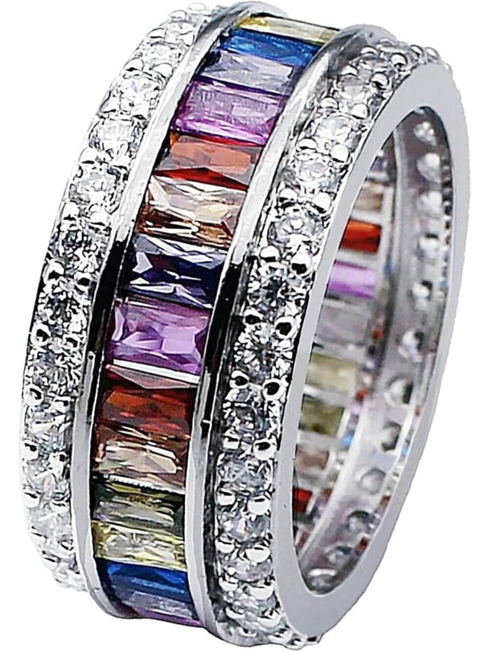 Multicolor Baguette Gemstone Wide Silver Ring Set for Women, Size 6-12